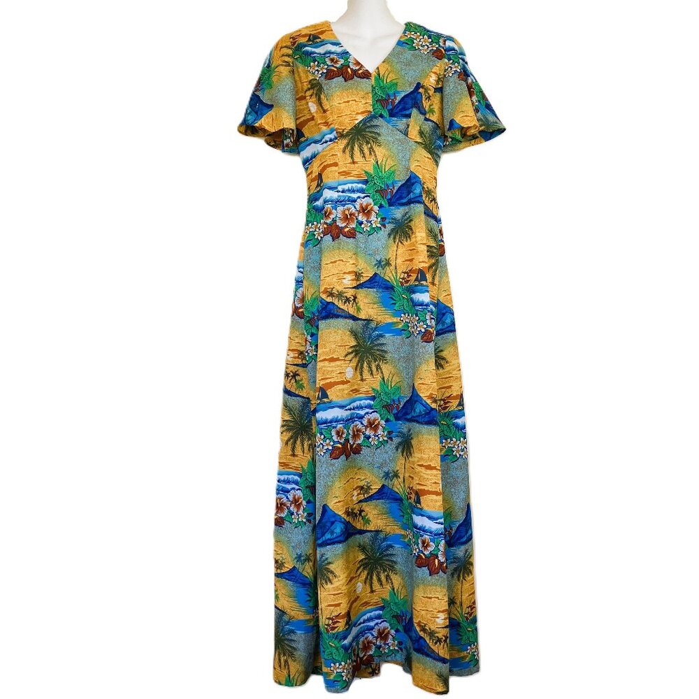 Royal Hawaiian Maxi Dress Empire Waist Hawaii Sunset Print Vintage 70s